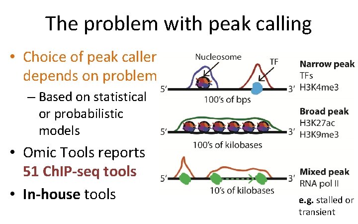The problem with peak calling • Choice of peak caller depends on problem –