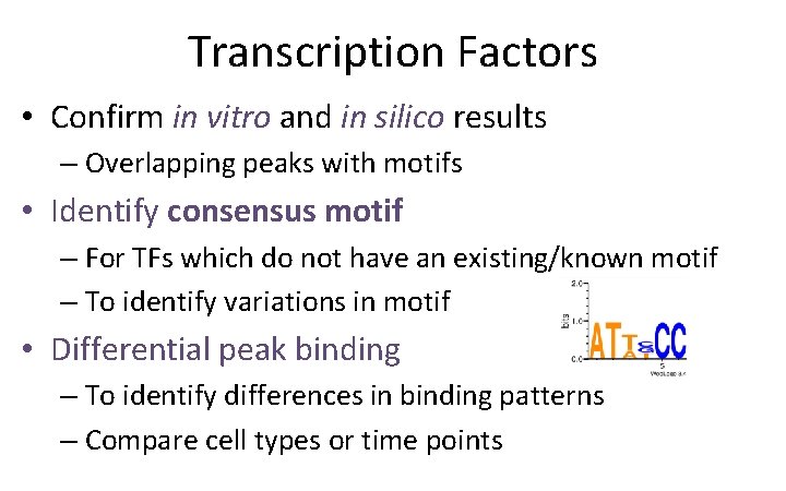 Transcription Factors • Confirm in vitro and in silico results – Overlapping peaks with