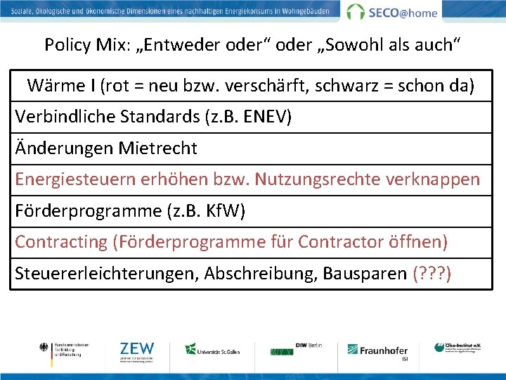 Policy Mix: „Entweder oder“ oder „Sowohl als auch“ Wärme I (rot = neu bzw.