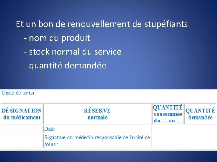 Et un bon de renouvellement de stupéfiants - nom du produit - stock normal