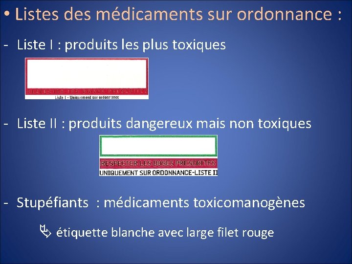  • Listes des médicaments sur ordonnance : - Liste I : produits les