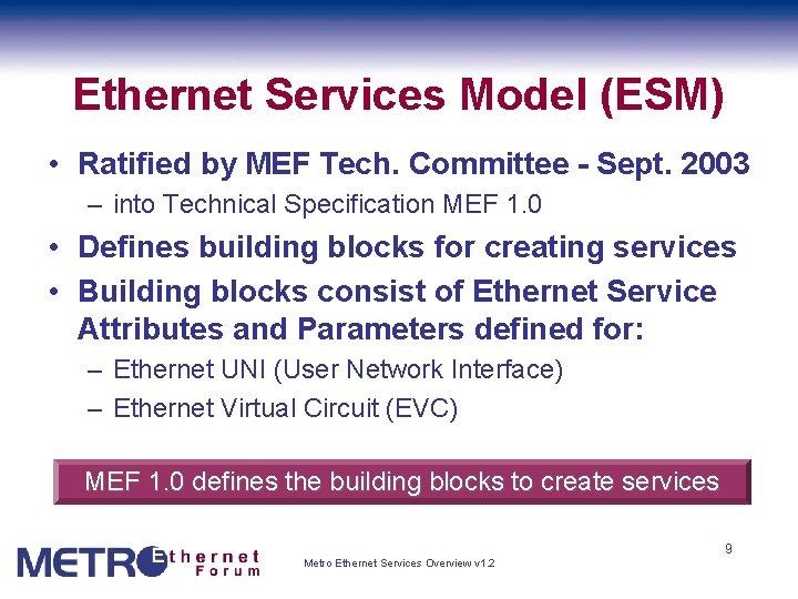 Ethernet Services Model (ESM) • Ratified by MEF Tech. Committee - Sept. 2003 –