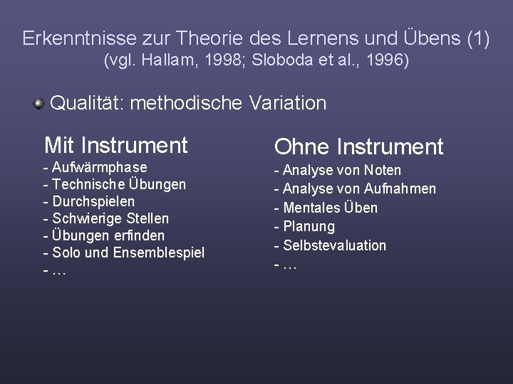 Erkenntnisse zur Theorie des Lernens und Übens (1) (vgl. Hallam, 1998; Sloboda et al.