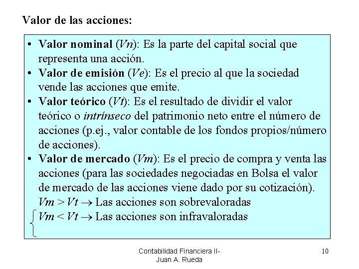Valor de las acciones: • Valor nominal (Vn): Es la parte del capital social