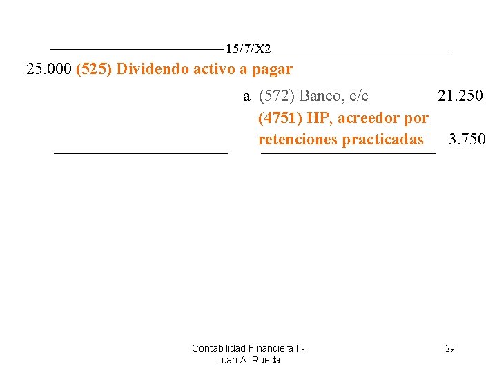 15/7/X 2 25. 000 (525) Dividendo activo a pagar a (572) Banco, c/c 21.