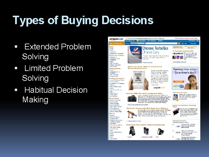 Types of Buying Decisions Extended Problem Solving Limited Problem Solving Habitual Decision Making 