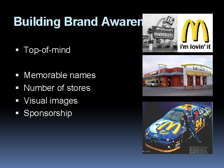 Building Brand Awareness Top-of-mind Memorable names Number of stores Visual images Sponsorship 