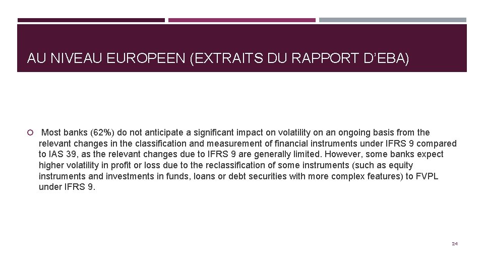 AU NIVEAU EUROPEEN (EXTRAITS DU RAPPORT D’EBA) Most banks (62%) do not anticipate a
