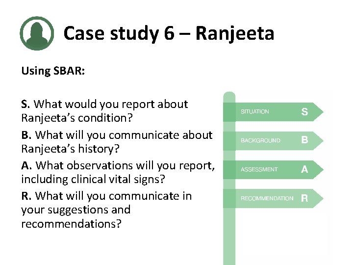 Case study 6 – Ranjeeta Using SBAR: S. What would you report about Ranjeeta’s