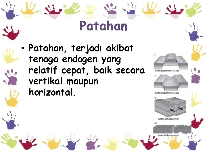 Patahan • Patahan, terjadi akibat tenaga endogen yang relatif cepat, baik secara vertikal maupun