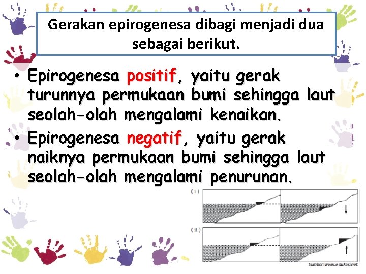 Gerakan epirogenesa dibagi menjadi dua sebagai berikut. • Epirogenesa positif, yaitu gerak turunnya permukaan