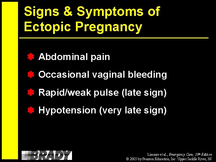 Signs & Symptoms of Ectopic Pregnancy Abdominal pain Occasional vaginal bleeding Rapid/weak pulse (late