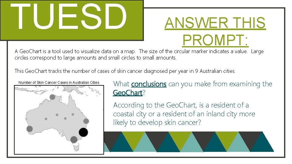 TUESD AY ANSWER THIS PROMPT: A Geo. Chart is a tool used to visualize