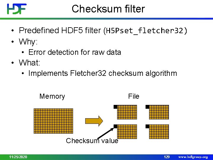 Checksum filter • Predefined HDF 5 filter (H 5 Pset_fletcher 32) • Why: •