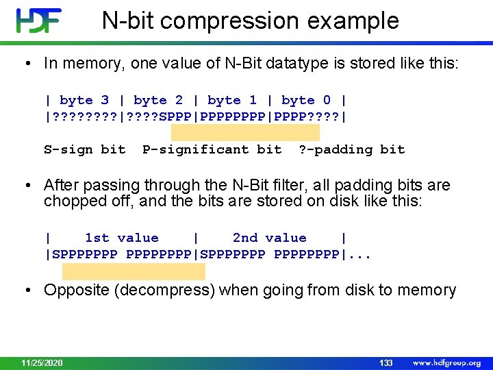 N-bit compression example • In memory, one value of N-Bit datatype is stored like