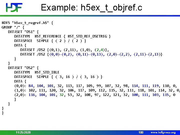 Example: h 5 ex_t_objref. c HDF 5 "h 5 ex_t_regref. h 5" { GROUP