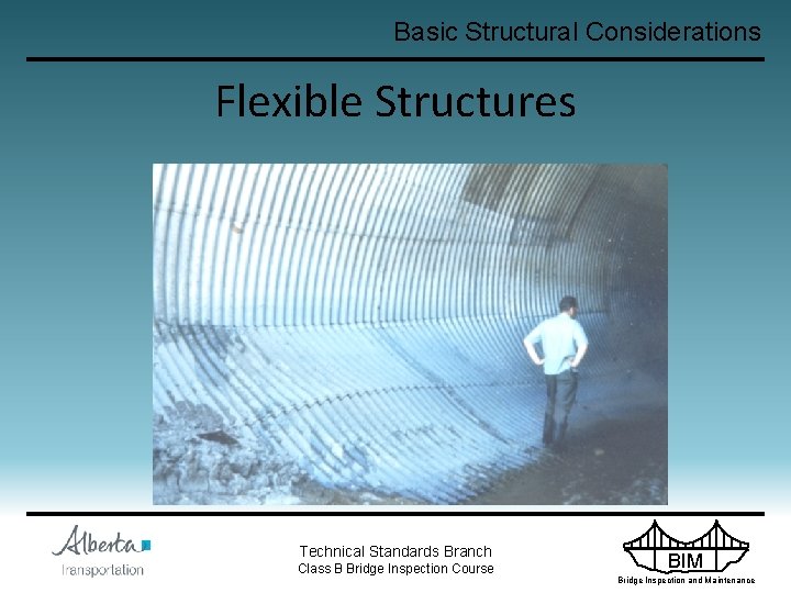 Basic Structural Considerations Flexible Structures Technical Standards Branch Class B Bridge Inspection Course BIM