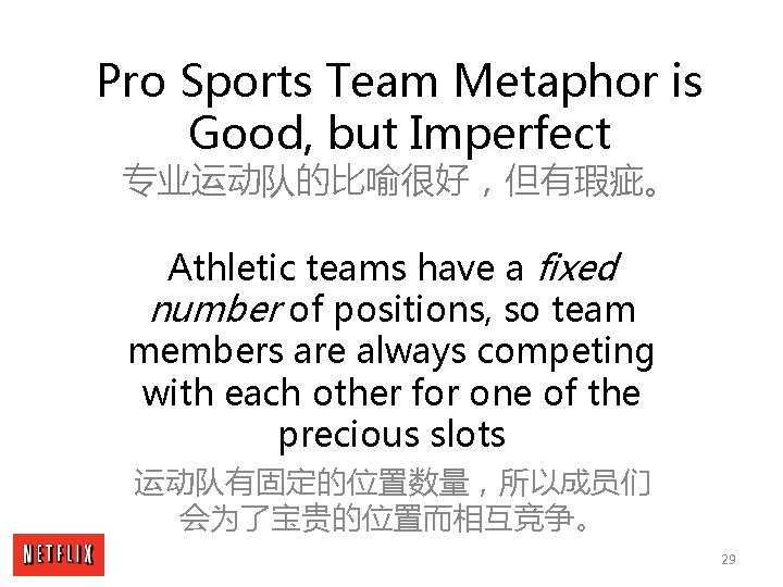 Pro Sports Team Metaphor is Good, but Imperfect 专业运动队的比喻很好，但有瑕疵。 Athletic teams have a fixed