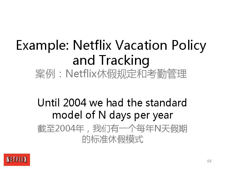 Example: Netflix Vacation Policy and Tracking 案例：Netflix休假规定和考勤管理 Until 2004 we had the standard model