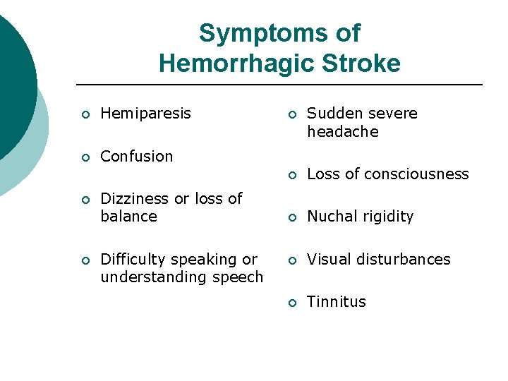 Symptoms of Hemorrhagic Stroke ¡ Hemiparesis ¡ Confusion ¡ ¡ Dizziness or loss of