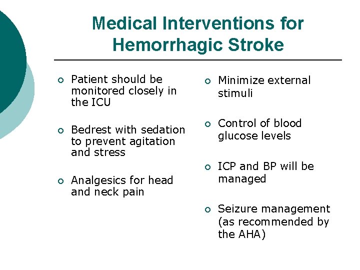 Medical Interventions for Hemorrhagic Stroke ¡ Patient should be monitored closely in the ICU