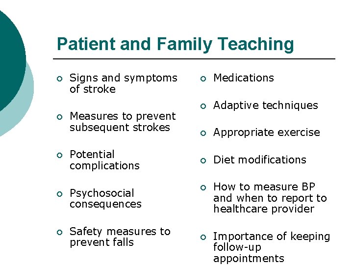 Patient and Family Teaching ¡ ¡ ¡ Signs and symptoms of stroke Measures to