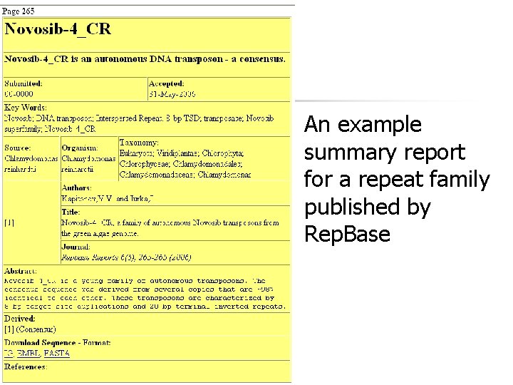 An example summary report for a repeat family published by Rep. Base 
