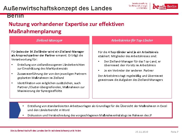 Außenwirtschaftskonzept des Landes Berlin Nutzung vorhandener Expertise zur effektiven Maßnahmenplanung Arbeitskreise für Top-Länder Zielland-Manager