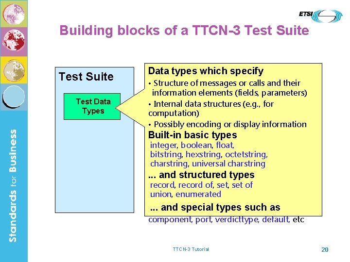 Building blocks of a TTCN-3 Test Suite Test Data Types Data types which specify