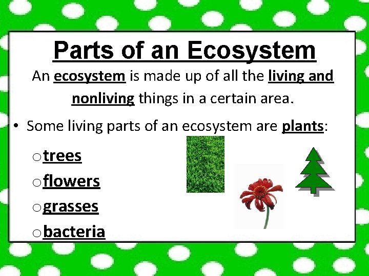 Parts of an Ecosystem An ecosystem is made up of all the living and