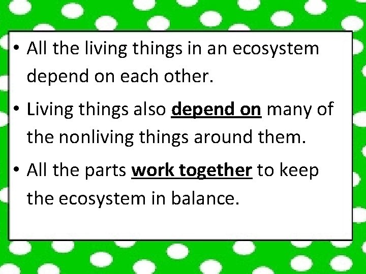  • All the living things in an ecosystem depend on each other. •