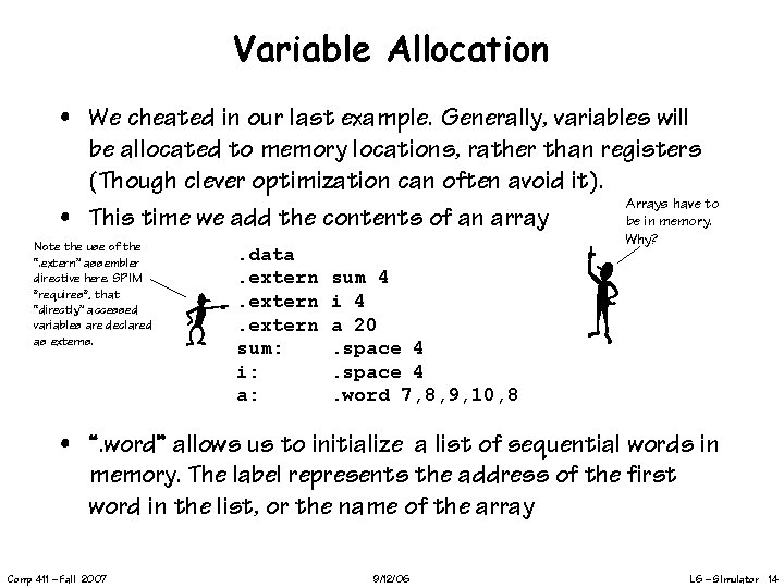 Variable Allocation • We cheated in our last example. Generally, variables will be allocated