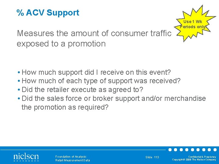 % ACV Support Measures the amount of consumer traffic exposed to a promotion Use