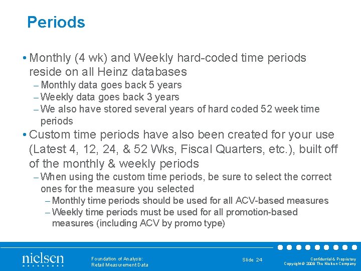 Periods • Monthly (4 wk) and Weekly hard-coded time periods reside on all Heinz