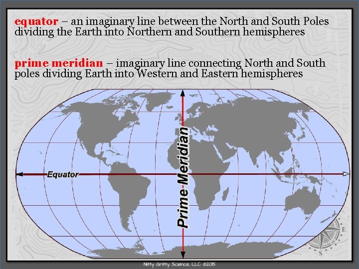 equator – an imaginary line between the North and South Poles dividing the Earth