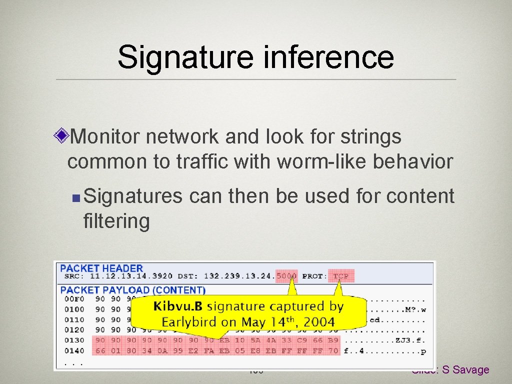 Signature inference Monitor network and look for strings common to traffic with worm-like behavior