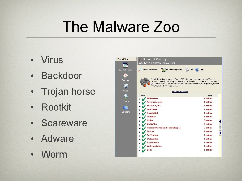 The Malware Zoo • Virus • Backdoor • Trojan horse • Rootkit • Scareware