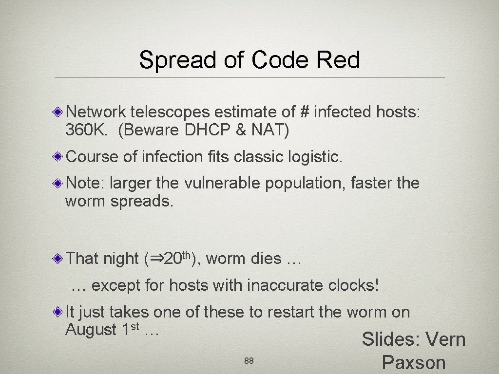 Spread of Code Red Network telescopes estimate of # infected hosts: 360 K. (Beware