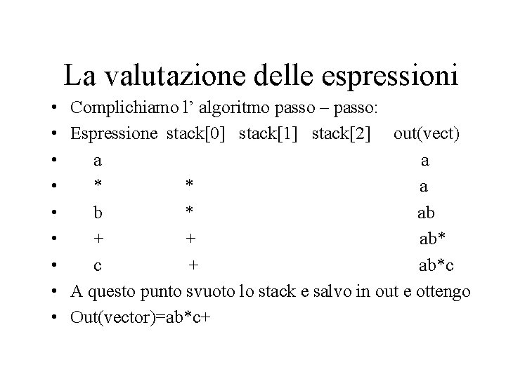 La valutazione delle espressioni • • • Complichiamo l’ algoritmo passo – passo: Espressione