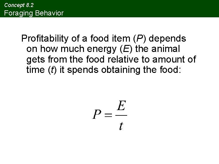 Concept 8. 2 Foraging Behavior Profitability of a food item (P) depends on how