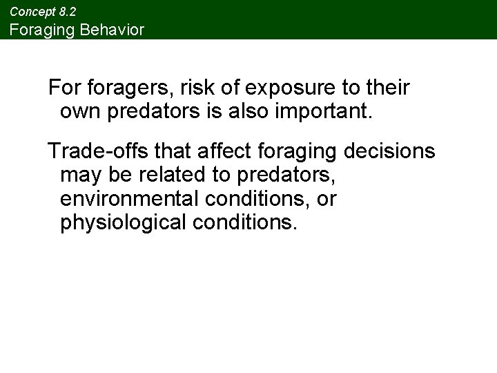 Concept 8. 2 Foraging Behavior For foragers, risk of exposure to their own predators