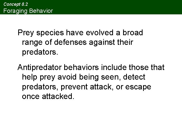 Concept 8. 2 Foraging Behavior Prey species have evolved a broad range of defenses
