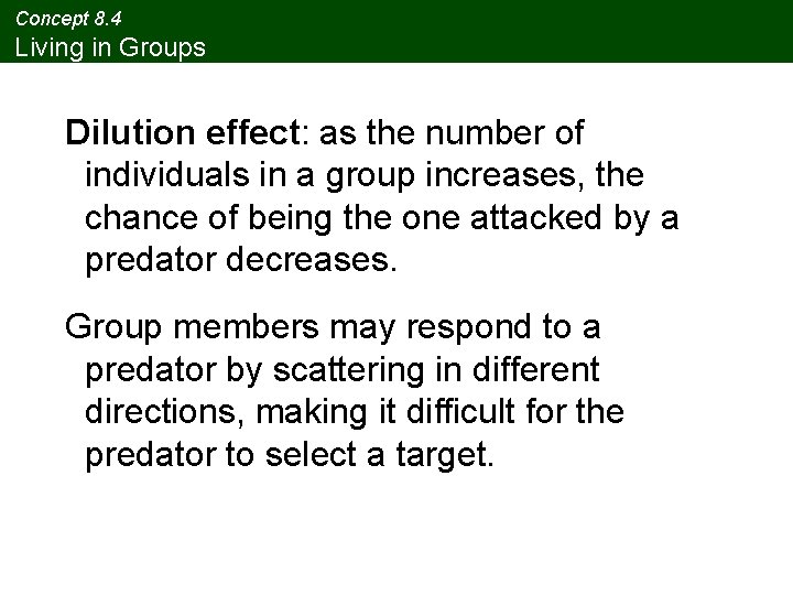 Concept 8. 4 Living in Groups Dilution effect: as the number of individuals in