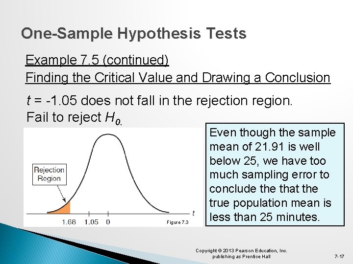 One-Sample Hypothesis Tests Example 7. 5 (continued) Finding the Critical Value and Drawing a