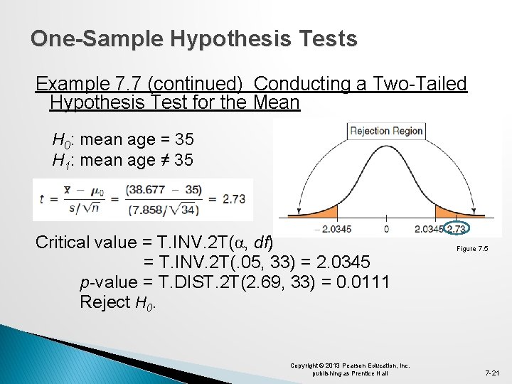 One-Sample Hypothesis Tests Example 7. 7 (continued) Conducting a Two-Tailed Hypothesis Test for the