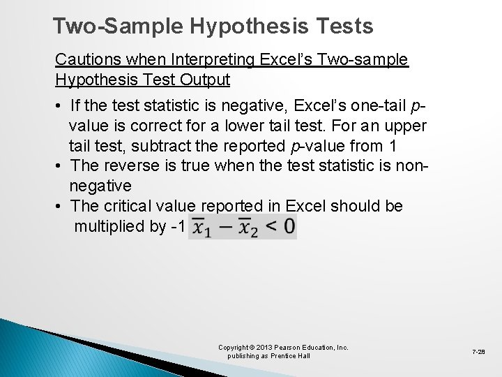 Two-Sample Hypothesis Tests Cautions when Interpreting Excel’s Two-sample Hypothesis Test Output • If the
