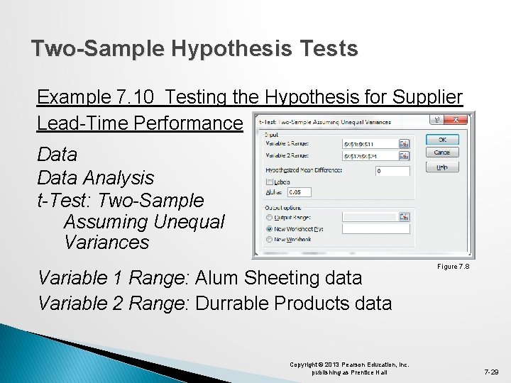 Two-Sample Hypothesis Tests Example 7. 10 Testing the Hypothesis for Supplier Lead-Time Performance Data