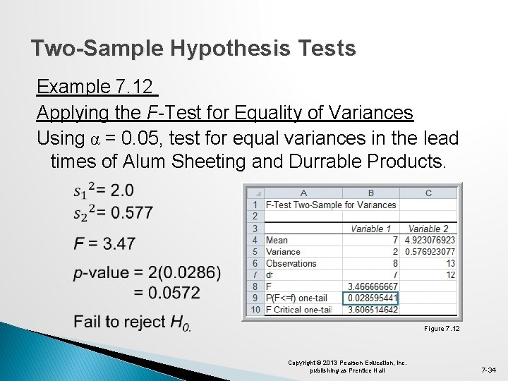 Two-Sample Hypothesis Tests Example 7. 12 Applying the F-Test for Equality of Variances Using