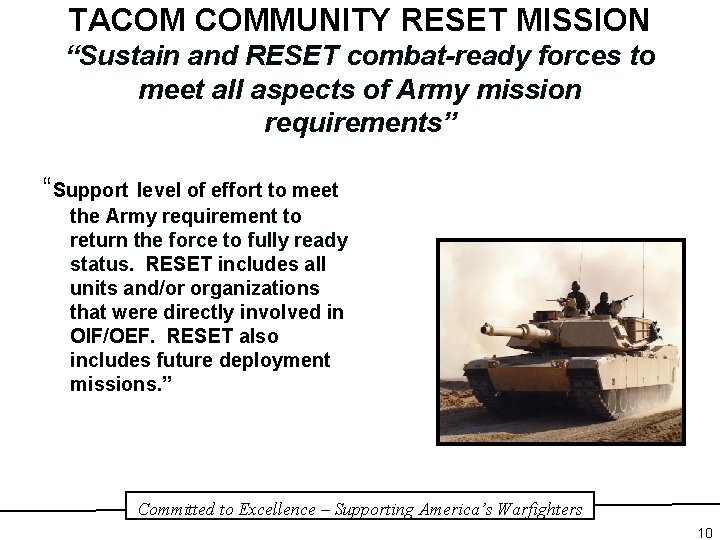 TACOM COMMUNITY RESET MISSION “Sustain and RESET combat-ready forces to meet all aspects of