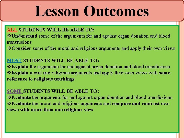 Lesson Outcomes ALL STUDENTS WILL BE ABLE TO: v. Understand some of the arguments